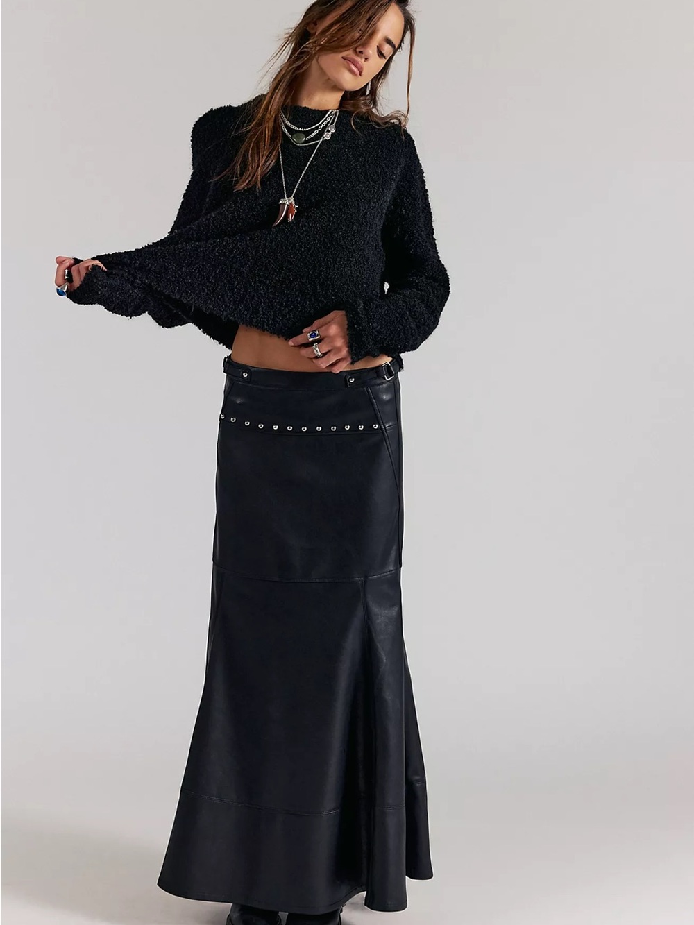 We the Free -Stud-Trim Black Maxi Vegan Leather Skirt NWT